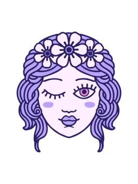 Bir bakirenin göz kırpan yüzünün ikonik dövme şeklindeki görüntüsünün canlandırma efekti