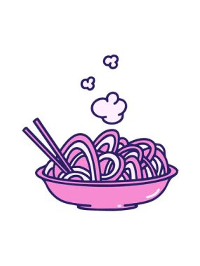 Kase tasarımında servis edilen buharlı udon eriştelerinin hareketli animasyonları