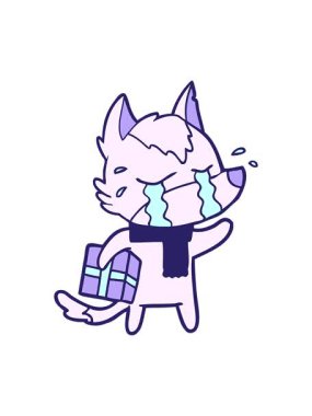 Karikatür ağlayan kurdun Noel hediyesini salla ve durdur.