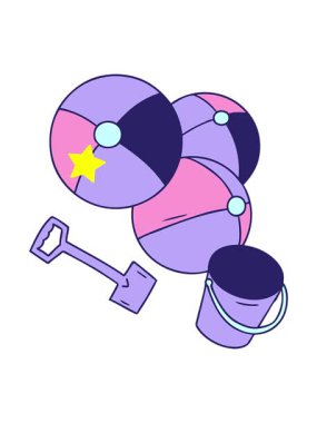 Parlayan yıldızlar, çizgi film çiziminin animasyonunu etkiler. Kova ve kürek ile karalama plaj topları.