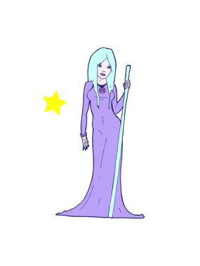 Parıldayan yıldızlar, neon renkli değnekle sihirbazlık animasyonunu etkiler.