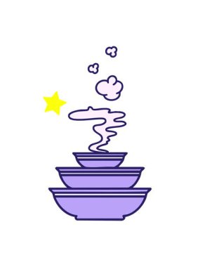 Parıldayan yıldızlar Japon buharlı yemek kaselerinin animasyonunu etkiler.