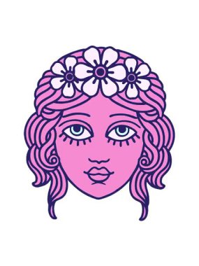 Dövmenin titreşimli animasyonu geleneksel kadın yüzüyle çiçekten taç takıyor.