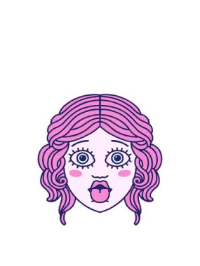 Dövmenin animasyonunu geleneksel kadın yüzü tarzında genişletiyor. Dilini dışarı çıkarıyor.