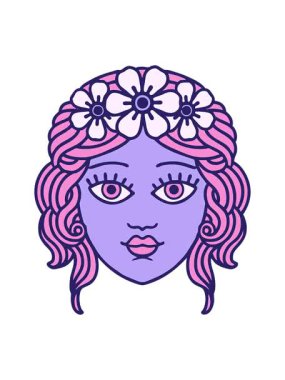 Çalkala ve duraklat. Dövmeli kadın yüzü çiçekten taç takıyor.