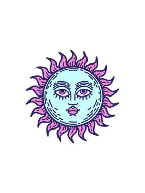 Satış animasyonu dövmenin geleneksel güneş stilinde ve yüzlü hali.