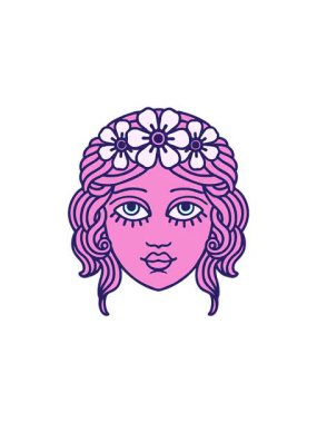 Dövmenin radyoaktif ışıldayan animasyonu geleneksel kadın yüzüyle çiçek tacıyla