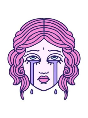 Dövmenin hareketli animasyonu geleneksel kadın yüzü ağlama tarzında.