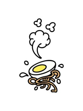 Erişte ve yumurtanın sıcak ramen malzemelerinin hareketli animasyonu.