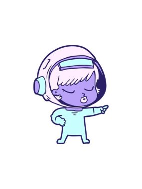 Çizgi filmin hareketli animasyonu. Güzel astronot kız işaret ediyor.