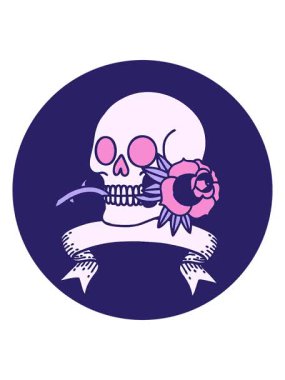 Dövme stili simgenin titreşimli hareketli animasyonu. Kafatası ve gül pankartıyla.