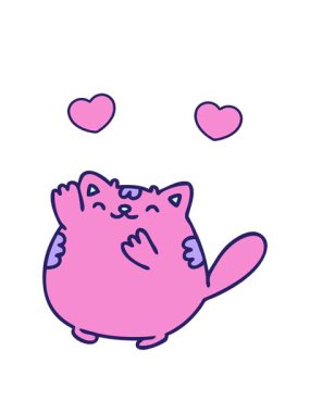 Mutlu bir kedinin el sallamasının çizgi filminin dönen kalpleri.