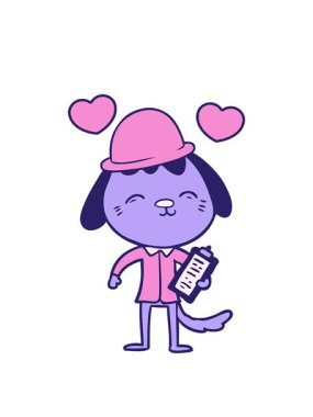 spinning hearts animation of happy cartoon office worker dog