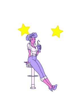 Animasyon yıldızları dövmenin geleneksel stiliyle milkshake içen bir kız figürü.