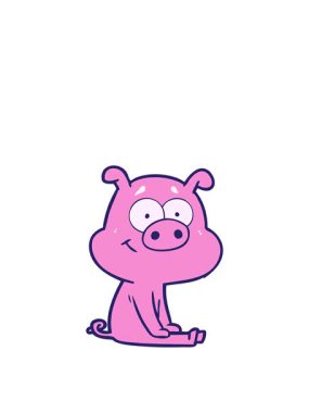 Kalk ve mutlu çizgi film karakteri domuz otururken yüzdür.