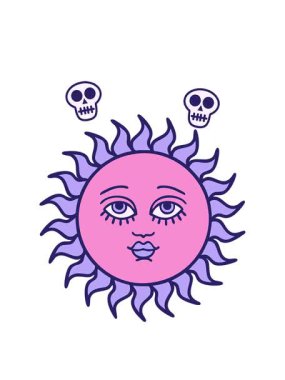 Kafataslarını döndüren, simgesel dövmeli, yüzü olan bir güneşin canlandırması.