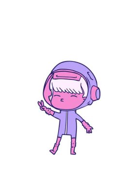 Barış işareti yapan çizgi film uzay kızının zıplama hareketi.