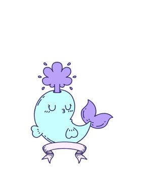 Dövme stili kıvrımlı çizgi film animasyonunu genişletiyorum. Mutlu balina karakteri fışkırtıyor.