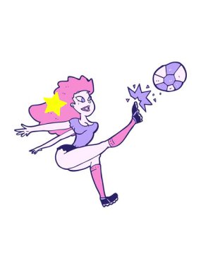 Parıldayan yıldızlar çizgi film kadın futbolcunun topa vuruşunu canlandırıyor