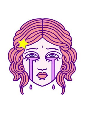 Parlayan yıldızlar dövmenin animasyonunu, geleneksel kadın yüzü tarzında parlak bir renkle ağlayarak etkiler.