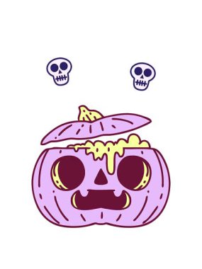 Parlak renkli, ürkütücü bir cadılar bayramı balkabağı çizgi filminin dönen kafatası animasyonu