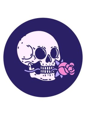 Bir kafatası ve gülün ikonik dövme çiziminin canlandırmasını bob ve duraklat