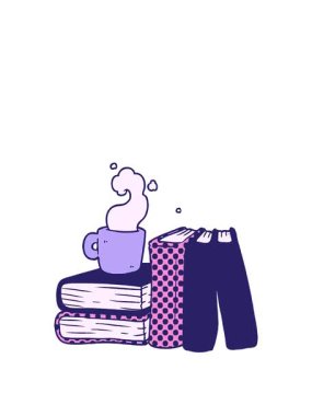 Çizgi film kahve fincanının animasyonunu büyütmek ve kitap okumak.