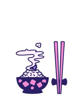 stretching up animation of a steaming rice in patterned bowl