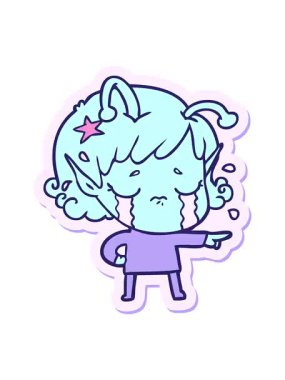pixelize effect animation of sticker of a cartoon crying alien girl