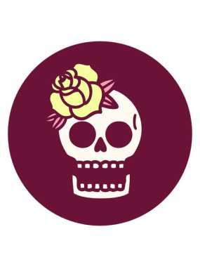 bir kafatasının ikonik dövme şeklindeki görüntüsünü bob ve duraklat ve parlak renkli gül