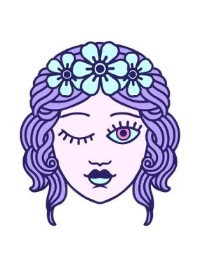 jiggle and pause animation of tattoo in traditional style of a maidens face winking