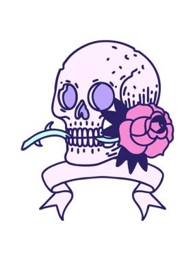 jiggle and pause animation of traditional tattoo with banner of a skull and rose