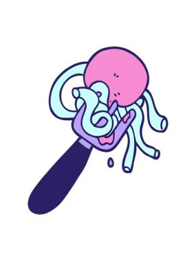 Elle çizilmiş karalama tarzı spagetti ve çatalda köfte animasyonunun pixelize etkisi