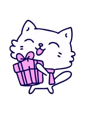 Neon ışık efektleri, elinde Noel hediyesi olan mutlu küçük bir kedinin çizgi filmi.