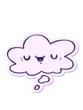 Mutlu çizgi film suratının hareketli animasyonu. Yazılı çıkartma olarak düşünce baloncuğu.