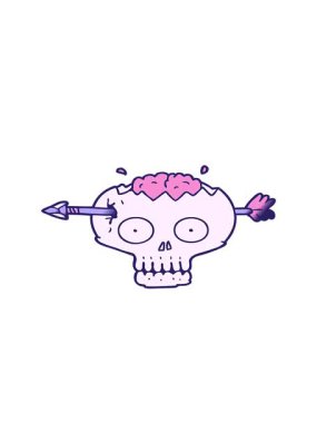 Karikatür kafatasının hareketli animasyonu ve beyinde ok karalaması.