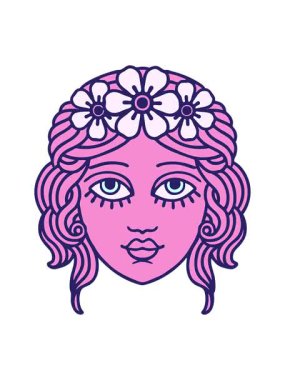 bobbing motion animation of tattoo in traditional style of female face with crown of flowers