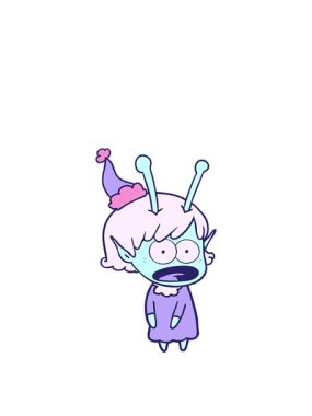 Şok olmuş, Noel Baba şapkası takan uzaylı bir kızın el çizimi animasyonunu genişletiyor.