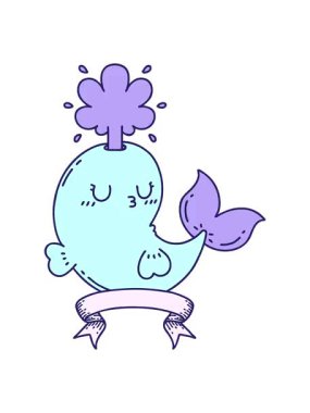 Dövme stili mutlu balina karakteri ile parşömen pankartın canlandırma efekti