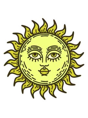 Dövmenin rengini değiştiren, yüzü olan güneşin geleneksel stili.