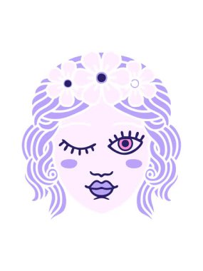 Parlak ışık efekti. Dövme stili animasyonu. Göz kırpan bir bakirenin yüzü.