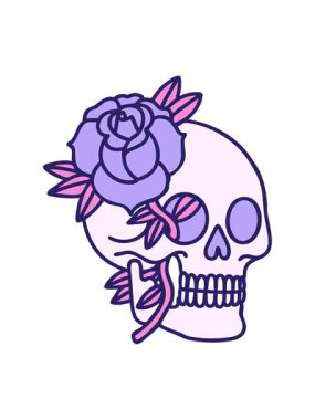 bir kafatasının ve gülün klasik dövme şeklindeki görüntüsünü bob ve duraklat