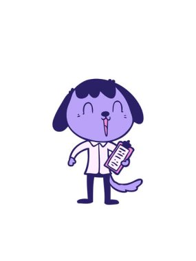 Yanıp sönen radyan çizgileri. Ofis tişörtü giyen sevimli çizgi film köpeğinin animasyonu.