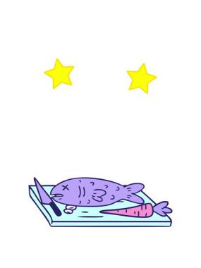 dönen yıldızların animasyonları çizilmiş yemek doğrama tahtasının karikatürü