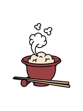 Japon pilavının geleneksel yemek çubuklarıyla karikatür çiziminin efekt efekti