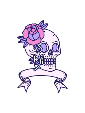 Bir kafatasının dövme stilinin titreşimli hareketli animasyonu ve bayrak ile gül