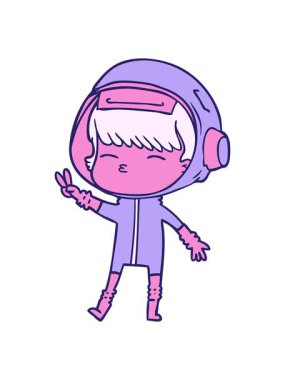 Barış işareti yapan çizgi film uzay kızının hareketlerini salla ve durdur