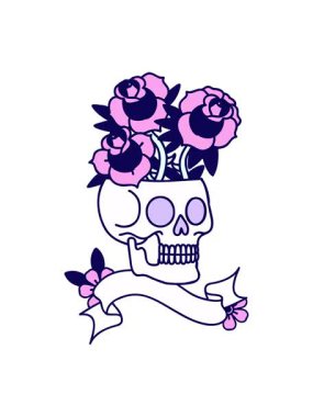 Kafatası ve gül pankartıyla geleneksel dövmenin neon ışık efekti animasyonu