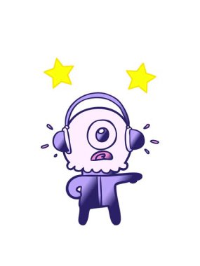 Çizgi film yıldızlarının animasyonu Kiklops uzaylı uzay adamı müzik dinliyor