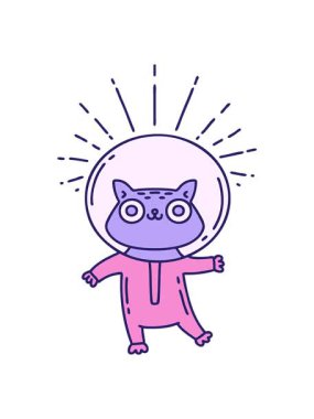 Astronot kostümlü geleneksel dövme stili bir kedinin sallanan animasyonu